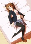  bra brown_eyes brown_hair hirasawa_yui k-on! lying majin_(marcia) open_clothes open_shirt pantyhose sakuragaoka_high_school_uniform school_uniform shirt shoe_dangle shoes short_hair single_shoe solo underwear 