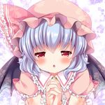  :o bat_wings blue_hair blush dress frills hands_clasped hat hat_ribbon incoming_kiss irori looking_at_viewer lowres mob_cap open_mouth own_hands_together pink_dress pink_eyes puffy_sleeves remilia_scarlet ribbon short_sleeves solo touhou upper_body wings 