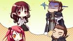  1boy 2girls cape chibi eyes_closed game_cg hinomiya_ayari ko~cha kurauchi_joji long_hair multiple_girls red_eyes red_hair sword weapon witch&#039;s_garden witch's_garden yellow_eyes 