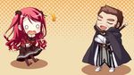  1boy 1girl cape chibi eyes_closed game_cg hinomiya_ayari ko~cha kurauchi_joji long_hair o_o red_hair sword weapon witch&#039;s_garden witch's_garden 