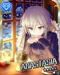  anastasia_(idolmaster) artist_request blue_eyes bracelet card_(medium) character_name christmas_tree cross cross_necklace diamond_(symbol) earrings idolmaster idolmaster_cinderella_girls jewelry necklace official_art ribbed_sweater short_hair silver_hair snow snow_globe snowing solo sweater window 