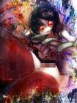  abstract_background asymmetrical_wings bad_id bad_pixiv_id big_eyes black_hair bow bowtie breasts censored cong1991 dress fingernails from_below highres horror_(theme) houjuu_nue lace lace-trimmed_thighhighs looking_at_viewer medium_breasts microdress mosaic_censoring open_mouth pole red_eyes red_legwear short_hair short_sleeves snake solo texture thick_thighs thighhighs thighs touhou wings zettai_ryouiki 