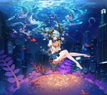  aqua_eyes aqua_hair barefoot bottle_miku bubble copyright_name crossed_arms fish floating_hair flower hair_ribbon hatsune_miku liquid_hair long_hair repi ribbon sailor_collar_lift school_uniform serafuku skirt solo starfish submerged twintails underwater very_long_hair vocaloid 