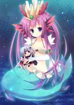  1girl blue_eyes head_fins headdress izumiyuhina long_hair looking_at_viewer mermaid miniboy monster_girl navel open_mouth pointy_ears purple_hair puzzle_&amp;_dragons red_eyes shell shell_bikini silver_hair siren_(p&amp;d) tail vampire_lord_(p&amp;d) 