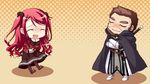  1boy 1girl cape chibi eyes_closed game_cg hinomiya_ayari ko~cha kurauchi_joji long_hair red_hair sword weapon witch&#039;s_garden witch's_garden 