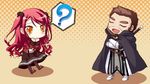  1boy 1girl cape chibi eyes_closed game_cg hinomiya_ayari ko~cha kurauchi_joji long_hair red_eyes red_hair sword weapon witch&#039;s_garden witch's_garden yellow_eyes 