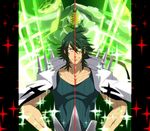  1boy armor blade_regalia green_eyes green_hair hands_on_hips highres jacket jacket_on_shoulders kill_la_kill male_focus messy_hair sanageyama_uzu shirt smile solo spikes split_screen split_theme spoilers 