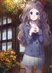  blue_eyes brown_hair building cici flower hands_clasped highres kyoukai_no_kanata long_hair looking_at_viewer outdoors own_hands_together pantyhose school_uniform serafuku shindou_ai skirt solo wavy_hair 