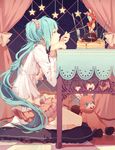  animal_hood bunny bunny_hood checkered checkered_floor cushion food fork gloves green_eyes green_hair hands_clasped hatsune_miku highres hood in_food knife long_hair lots_of_laugh_(vocaloid) minigirl multiple_girls ovos own_hands_together pancake scrunchie seiza sitting socks star stuffed_animal stuffed_bunny stuffed_toy syrup very_long_hair vocaloid 