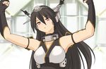  arms_up bare_shoulders black_hair breasts colombia_pose commentary_request elbow_gloves fingerless_gloves gloves hair_ornament hairband headgear kantai_collection large_breasts long_hair nagato_(kantai_collection) onaya_masakazu red_eyes solo 