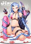  ammunition ammunition_belt blue_hair blush braid breasts bullet_necklace cameltoe elbow_gloves explosive fingerless_gloves full_body gloves grenade heart highres jewelry jinx_(league_of_legends) large_breasts league_of_legends long_hair looking_at_viewer nail_polish naughty_face oni-noboru panties petals pink_eyes sitting solo striped striped_panties thigh_strap toenail_polish toes twin_braids underwear very_long_hair weapon 
