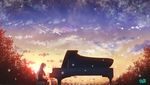  aqua_eyes blue_hair clouds hatsune_miku instrument long_hair piano reki_(artist) skirt sky stars vocaloid 