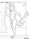  bathroom bathtub canine curtains darachi humanoid ink male mammal muscles nathaniel penis plantigrade scruffy shower standing towel wolf 