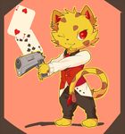  &#12354;&#12356;&#12425; &#9827; ??? cat clothing ear_piercing eight_of_clubs feline fur gun looking_at_viewer mammal one_eye_closed piercing plain_background playing_cards ranged_weapon red_eyes standing two_of_hearts weapon yellow_fur 