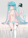  1girl arm_at_side artist_logo ass_visible_through_thighs bed_sheet black_bow blue_eyes blue_hair blue_panties blush bow bra bra_removed breasts breasts_apart closed_mouth collared_shirt commentary_request grey_background hair_ribbon hatsune_miku hbb highres holding holding_bra holding_ribbon horizontal_stripes large_breasts long_hair long_sleeves looking_to_the_side navel on_bed open_clothes open_shirt panties pink_ribbon pink_shirt ribbon shiny shiny_hair shirt simple_background sitting smile solo stomach striped striped_bra striped_panties thighhigh_pushed_down thighhighs twintails underwear very_long_hair vocaloid white_bed_sheet 