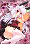  animal_ears ass blush bunny_ears bunny_tail flower hair_ribbon lace lace-trimmed_panties lace-trimmed_thighhighs lavender_hair long_hair minakami_rinka original panties pinecone pink_panties red_eyes ribbon rose smile solo tail thighhighs underwear white_legwear 