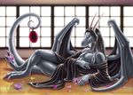  anthro asian blue_eyes claws dragon eastern flower horn japanese japanese_clothing kimono lying malchus male on_back oriental robe scalie seductive silver silver_dragon solo ultraviolet western_dragon wings 