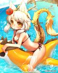  animal_ears bikini blush breasts cleavage dolphin dragon_girl dragon_tail flower hair_flower hair_ornament hibiscus horns kishibe medium_breasts ocean original short_hair side_ponytail solo swimsuit tail triangle_mouth water white_hair yellow_eyes 