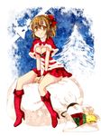  arle_nadja blush boots bow breasts brown_eyes brown_hair carbuncle_(puyopuyo) christmas dress high_heels highres looking_at_viewer madou_monogatari medium_breasts oyuki_(otozuki_mozuku) puyopuyo sack santa_costume short_hair short_ponytail sitting smile solo tree 