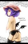  ass bad_id bad_pixiv_id bat_wings black_legwear black_panties blush character_name garter_belt hat highres lace lace-trimmed_thighhighs mantarou_(shiawase_no_aoi_tori) panties purple_hair red_eyes remilia_scarlet short_hair solo thighhighs topless touhou underwear underwear_only wings 