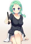  atori_eri bad_id bad_pixiv_id blue_eyes blush braid breasts c: collarbone gradient gradient_background green_hair hair_ornament hairclip holding large_breasts long_sleeves looking_at_viewer original shiny shiny_skin short_hair_with_long_locks simple_background single_braid sitting skirt smile solo stylus yappen 