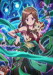  &gt;:( animal animal_on_shoulder armband armpits artisan_of_forms aura bangs bare_shoulders breasts brown_hair card cleavage cleavage_cutout contrapposto crown earrings frown glowing hairband holding holding_card hoop_earrings iroas_god_of_victory jewelry long_hair looking_at_viewer magic:_the_gathering medium_breasts nakazawa_dousan no_bra outline purple_eyes sash sideboob sky solo space standing star_(sky) starry_sky swept_bangs thassa_god_of_the_sea trading_card v-shaped_eyebrows wristband 
