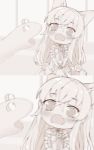  1girl 2koma animal_ear_fluff animal_ears bangs bare_shoulders blurry blush comic dress eyebrows_visible_through_hair fang foreign_blue g41_(girls_frontline) girls_frontline greyscale hair_between_eyes hands_on_lap head_tilt highres long_hair low-tied_long_hair monochrome navel open_mouth pleated_skirt silent_comic sitting skirt sleeveless sleeveless_dress surprised very_long_hair 