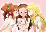  ahoge blonde_hair blush bra brown_hair closed_eyes hair_ribbon hoshii_miki idolmaster idolmaster_(classic) kiss lingerie midriff minase_iori multiple_girls navel open_mouth orange_hair panties puckered_lips red_eyes ribbon strap_slip stuffed_animal stuffed_bunny stuffed_toy sunsun69 takatsuki_yayoi underwear underwear_only white_panties yuri 