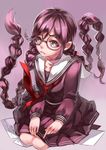  bad_id bad_pixiv_id danganronpa danganronpa_1 frown fukawa_touko glasses highres long_hair pink_eyes pink_hair school_uniform sitting skirt zi_lai_juan 