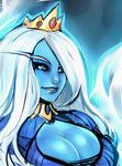  adventure_time blue_eyes blue_lipstick blue_skin breasts choker cleavage cleavage_cutout crown eyebrows eyelashes genderswap genderswap_(mtf) hair_over_one_eye ice_queen large_breasts lipstick long_hair makeup maniacpaint nose solo upper_body white_hair 