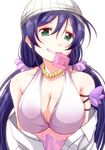  breasts condom condom_in_mouth green_eyes head_scarf jewelry large_breasts long_hair love_live! love_live!_school_idol_project mouth_hold natsuiro_egao_de_1_2_jump! naughty_face necklace off_shoulder purple_hair sakuma_shiiya smile solo swimsuit toujou_nozomi twintails 