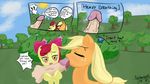  amber_eyes apple_bloom_(mlp) applejack_(mlp) blonde_hair bobawob bow cub cum dialog disembodied_penis english_text equine eyes_closed female feral flower freckles friendship_is_magic fur hair half-closed_eyes horse long_hair male mammal my_little_pony oral oral_sex orange_fur outside penis pony red_hair saliva sex sibling sisters straight text tongue tree vein yellow_fur young 