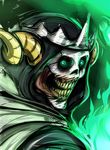  bared_teeth black_sclera crown fire glowing glowing_eyes green_eyes green_fire grin hood horns lich looking_at_viewer maniacpaint no_humans skull smile solo teeth 