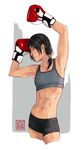  abs absurdres arm_up artist_name black_hair boxing_gloves freckles highres looking_away muscle profile shanry shingeki_no_kyojin short_hair short_ponytail solo sports_bra ymir_(shingeki_no_kyojin) 