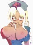  alternate_eye_color alternate_skin_color arched_back bad_id bad_pixiv_id bangs bespectacled braid breasts brown_eyes cleavage cong1991 dark_skin fingernails fingers_to_cheek glasses hair_between_breasts hat huge_breasts jpeg_artifacts lips long_hair looking_at_viewer nail_polish nurse_cap open_clothes open_shirt pink_nails red-framed_eyewear red_cross semi-rimless_eyewear shiny shiny_skin shirt sidelocks skull solo texture touhou under-rim_eyewear very_long_hair white_hair yagokoro_eirin 