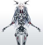  android beatless bodysuit character_request highres long_hair looking_at_viewer md5_mismatch parts_exposed red_eyes redjuice simple_background skin_tight solo white_hair 