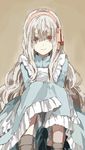  apron bad_id bad_pixiv_id dress empty_eyes grey_hair hair_ornament hair_ribbon hairband kagerou_project kozakura_marry long_hair looking_at_viewer pink_eyes red_eyes ribbon shiguma_(sigmasmail) smile solo white_hair 