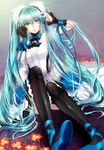  7th_dragon_(series) 7th_dragon_2020 black_legwear green_eyes green_hair hatsune_miku headphones highres iria_(yumeirokingyo) long_hair sitting solo thighhighs twintails very_long_hair vocaloid 