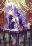  cup_ramen danganronpa danganronpa_1 food food_on_face food_on_head gloves kamaboko kirigiri_kyouko long_hair miyazaki_byou narutomaki necktie noodles object_on_head purple_eyes purple_hair ramen serious solo 