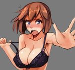  bikini_top blue_eyes breasts brown_hair caught cleavage embarrassed grey_background haruka_(pokemon) large_breasts noccu outstretched_hand pokemon solo strap_slip undressing 