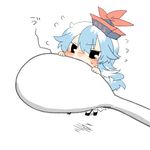  black_eyes blue_hair blush chibi expressive_clothes flying_sweatdrops hanging_on hat kamishirasawa_keine long_hair lowres minigirl multicolored_hair rebecca_(keinelove) spoon sweat touhou translated two-tone_hair 