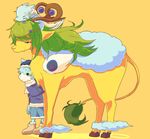  &#12354;&#12356;&#12425; ??? clothing eyes_closed fur green_hair hair half-closed_eyes hooves horn mammal plain_background shoes standing wings yellow_fur 