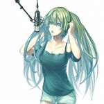  arms_up green_eyes green_hair hatsune_miku headphones highres long_hair microphone music open_mouth selea shorts singing solo twintails very_long_hair vocaloid white_background 