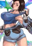  ass blush breasts brown_eyes brown_hair crop_top elbow_gloves elbow_pads fingerless_gloves gloves jumpsuit kazama_asuka large_breasts lips midriff no_bra nose off_shoulder short_jumpsuit solo spot_(artist) strap_pull tekken unzipped 