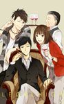  3boys alcohol black_hair brown_eyes brown_hair cigar closed_eyes couch hattori_(legal_high) kaga_ranmaru kkkkt komikado_kensuke legal_high mayuzumi_machiko multiple_boys short_hair watch wine wristwatch 