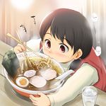  black_hair blush bowl chopsticks eating food meandros noodles ramen short_hair solo wancho 