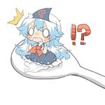  /\/\/\ 1girl blue_hair blush chibi ghost_tail hat kamishirasawa_keine long_hair lowres minigirl multicolored_hair o_o open_mouth rebecca_(keinelove) shocked_eyes spoon startled sweat touhou triangular_headpiece two-tone_hair 