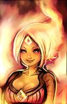  adventure_time blonde_hair breasts cleavage eyelashes fire flame_princess forehead_jewel large_breasts lips long_hair maniacpaint nose orange_skin red_eyes smile solo 
