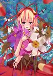  black_eyes blonde_hair doll_joints flower hair_ribbon lily_of_the_valley medicine_melancholy open_mouth pill ribbon scissors short_hair solo syringe tamagogayu1998 touhou 