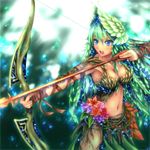  aiming arrow between_breasts blue_eyes bow_(weapon) breasts cleavage drawing_bow flower green_hair holding holding_arrow holding_bow_(weapon) holding_weapon hozenkakari left-handed magic:_the_gathering medium_breasts midriff navel nylea open_mouth outstretched_arm solo weapon 
